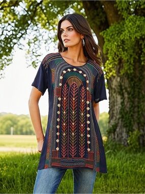 Johnny Was Navy Embroidered Short-Sleeve Tunic with Multicolor Folk Motif